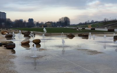 Bomen bij ingang Oost gesnoeid, fonteinen op waterplein sproeien weer